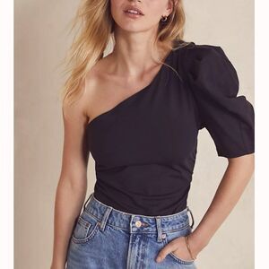 FREE PEOPLE‎ Somethin Bout You Black Puff Sleeve One-Shoulder Bodysuit Size L